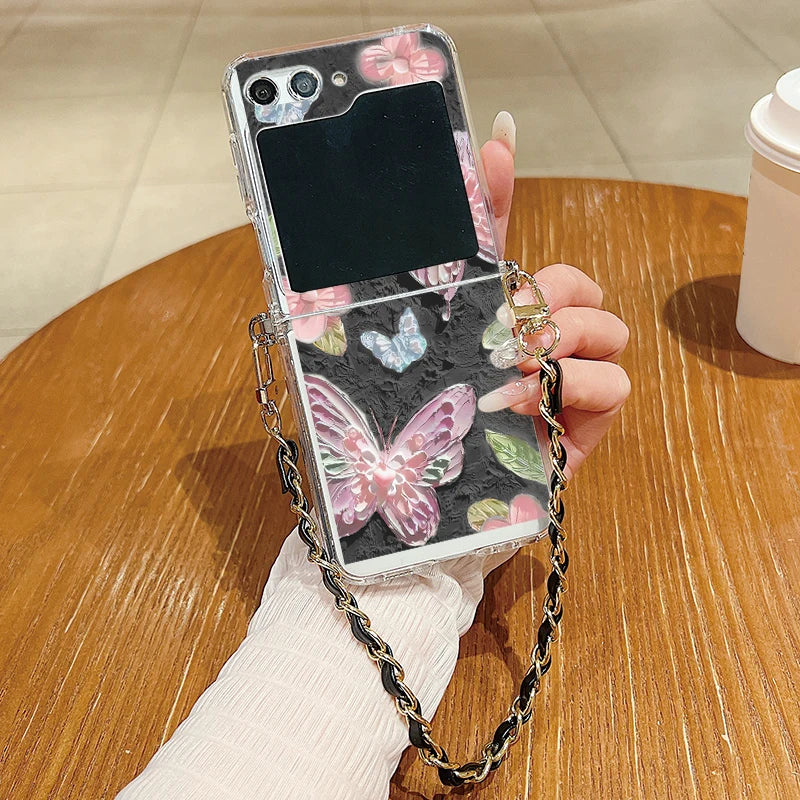Floral Printed Metal Lanyard Clear Case For Samsung Galaxy Z Flip