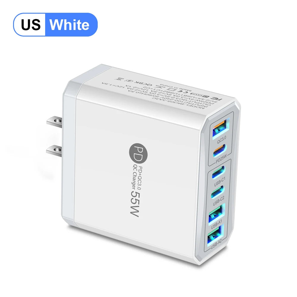 6 Ports PD USB Charger 55W Fast Charging