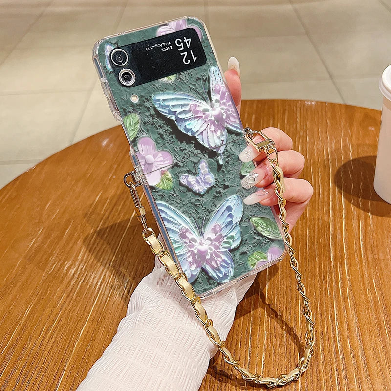 Floral Printed Metal Lanyard Clear Case For Samsung Galaxy Z Flip