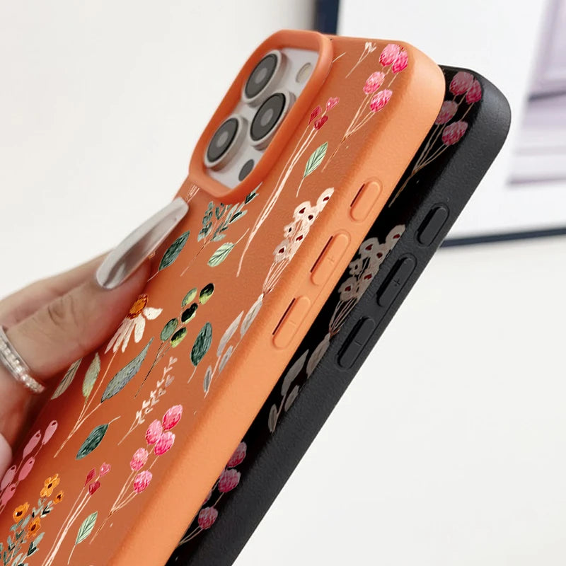 Colorful Plants Printed Leather Texture TPU Case For iPhone