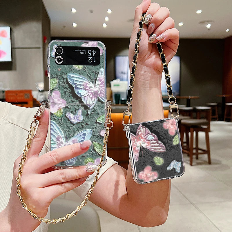Floral Printed Metal Lanyard Clear Case For Samsung Galaxy Z Flip