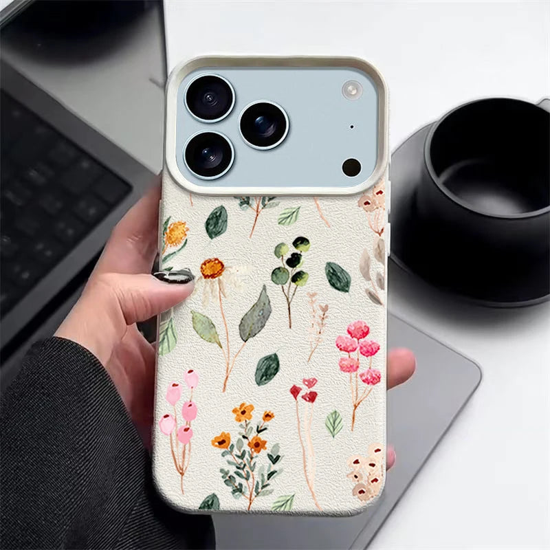 Colorful Plants Printed Leather Texture TPU Case For iPhone