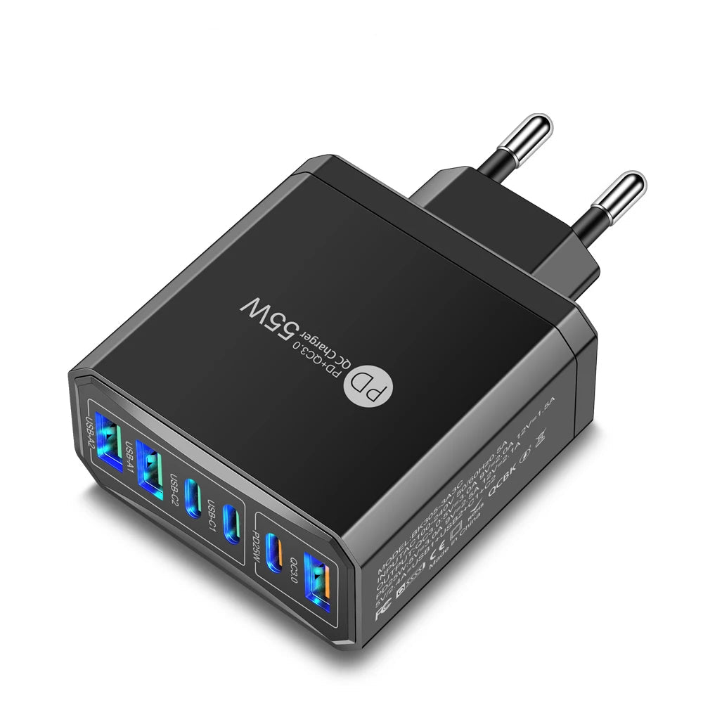 6 Ports PD USB Charger 55W Fast Charging