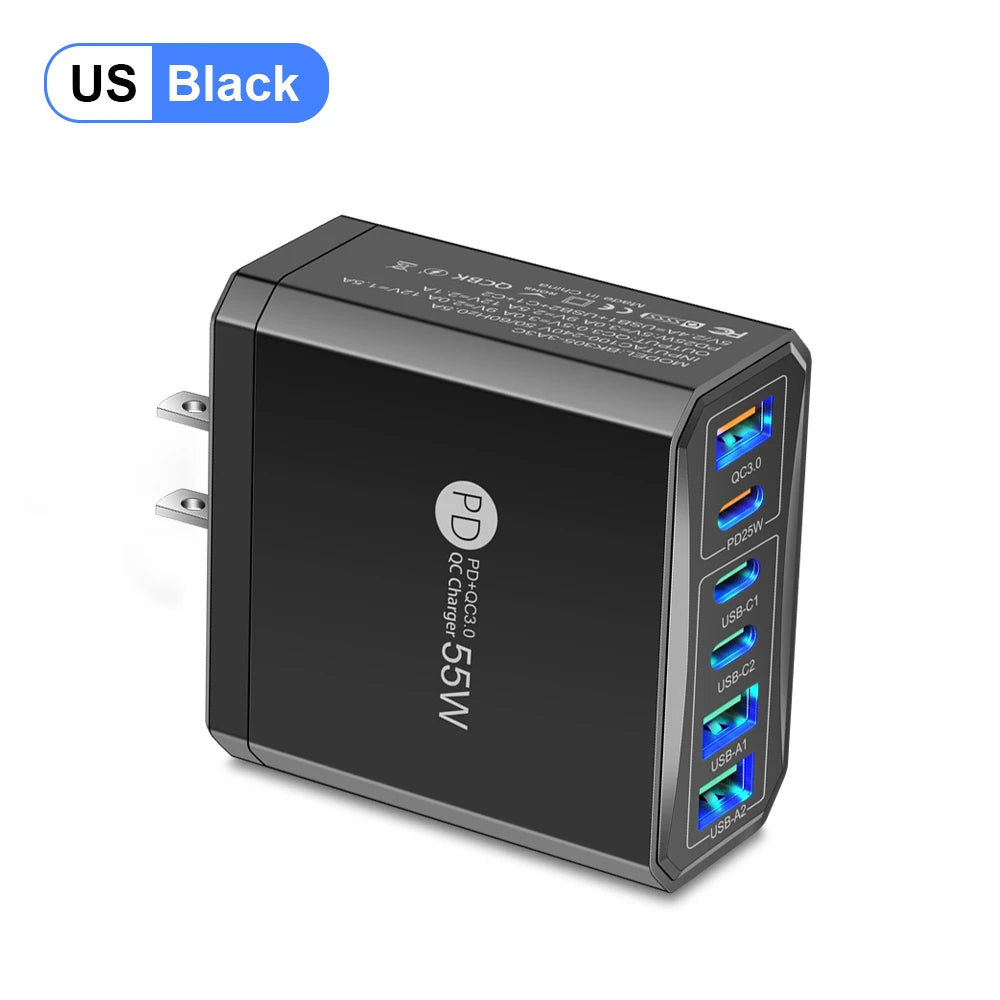 6 Ports PD USB Charger 55W Fast Charging