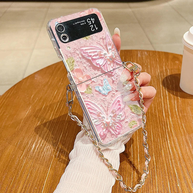 Floral Printed Metal Lanyard Clear Case For Samsung Galaxy Z Flip