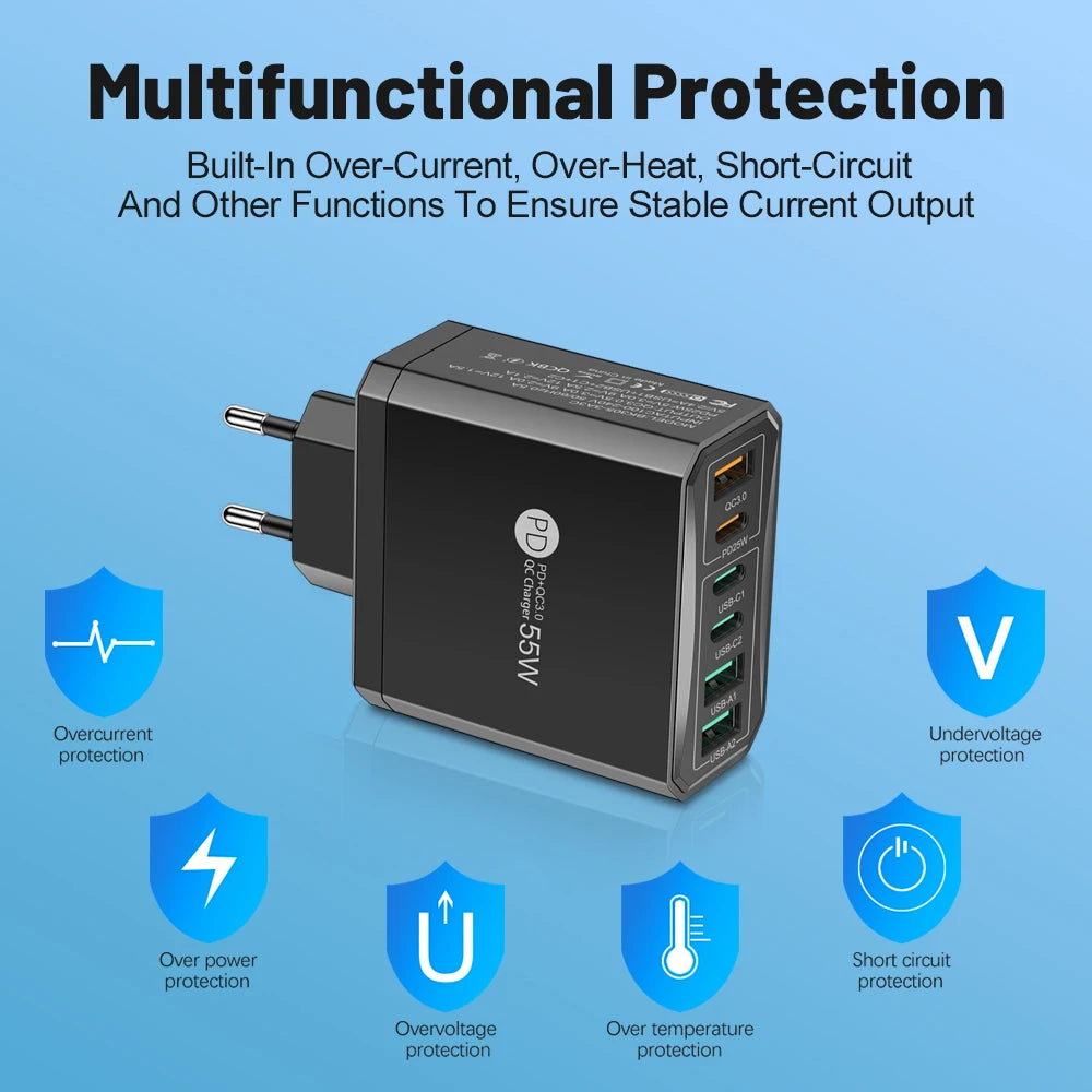 6 Ports PD USB Charger 55W Fast Charging