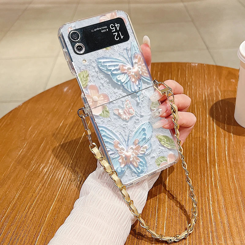 Floral Printed Metal Lanyard Clear Case For Samsung Galaxy Z Flip