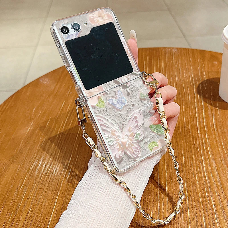 Floral Printed Metal Lanyard Clear Case For Samsung Galaxy Z Flip