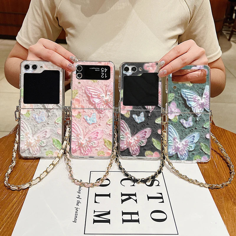 Floral Printed Metal Lanyard Clear Case For Samsung Galaxy Z Flip
