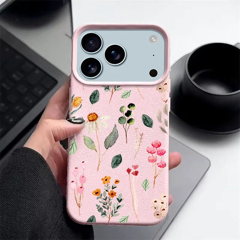 Colorful Plants Printed Leather Texture TPU Case For iPhone
