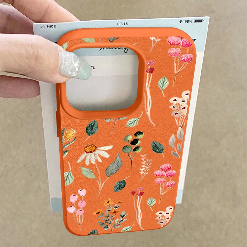 Colorful Plants Printed Leather Texture TPU Case For iPhone