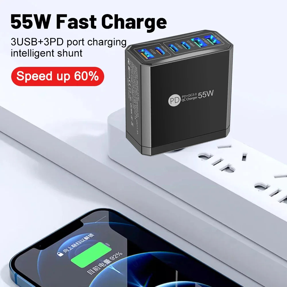 6 Ports PD USB Charger 55W Fast Charging
