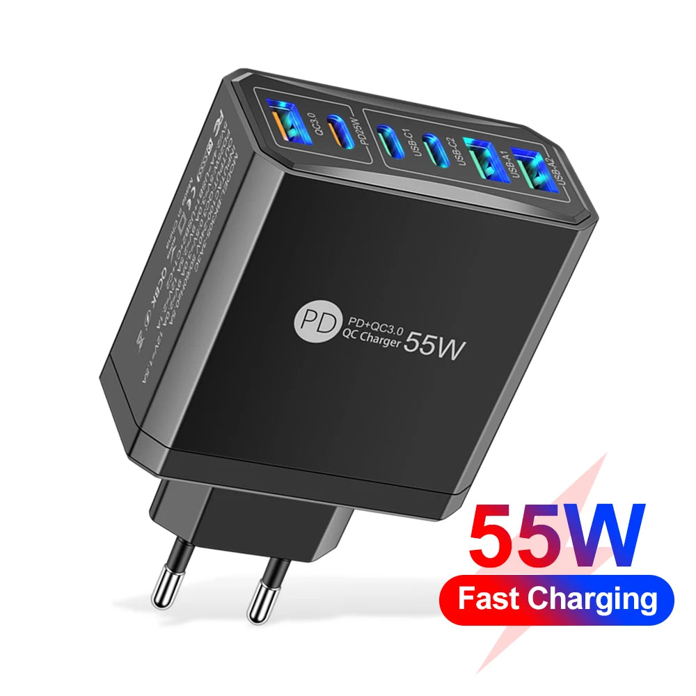 6 Ports PD USB Charger 55W Fast Charging