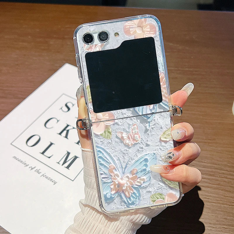 Floral Printed Metal Lanyard Clear Case For Samsung Galaxy Z Flip